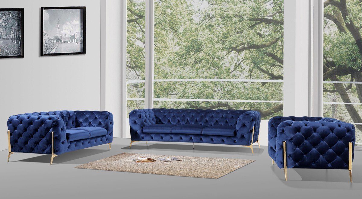 Dark Blue Fabric Sofa Set
