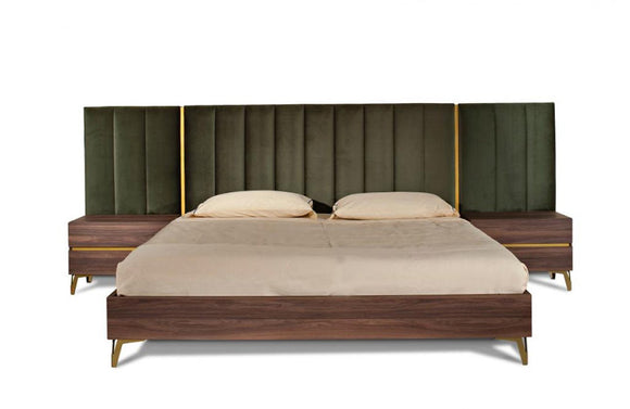 Nova Domus Calabria Modern Walnut & Green Velvet Bed & Nightstands