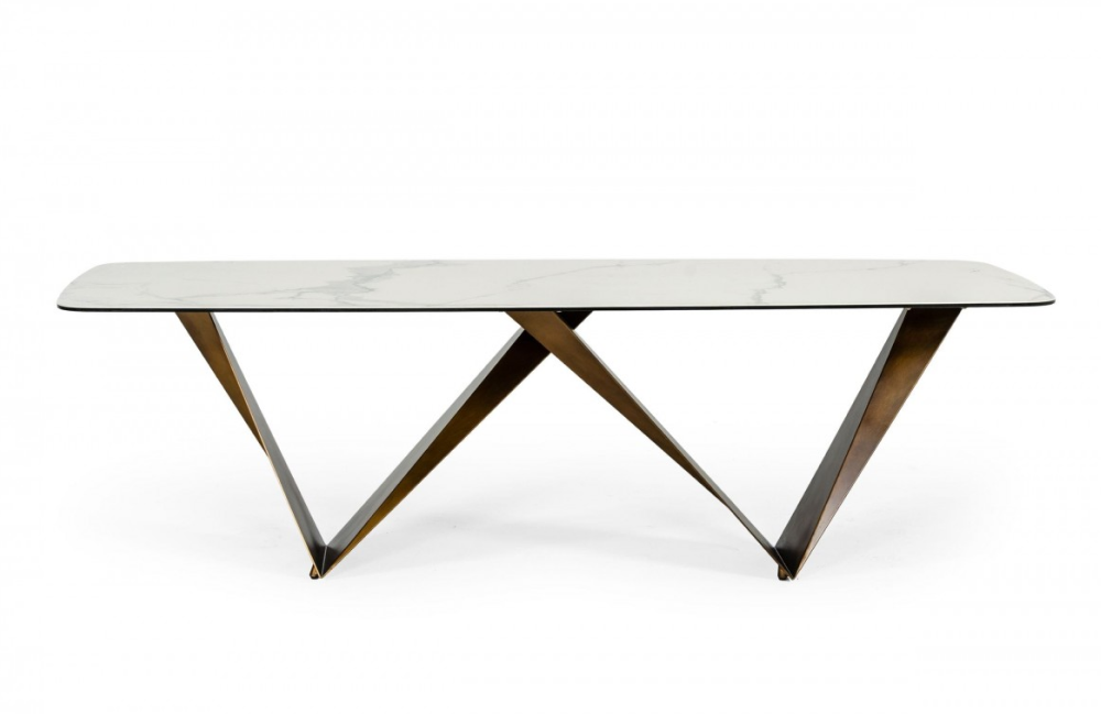 Milena - Modern White Ceramic & Brushed Brown Dining Table