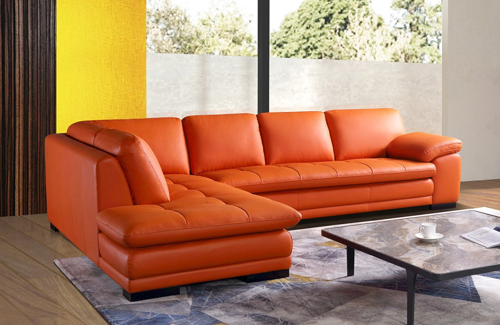 Santino Orange Leather Sectional Sofa Left Facing Chaise 4094 In A Modern Furniture Fairfield Nj Casa Eleganza Mattress