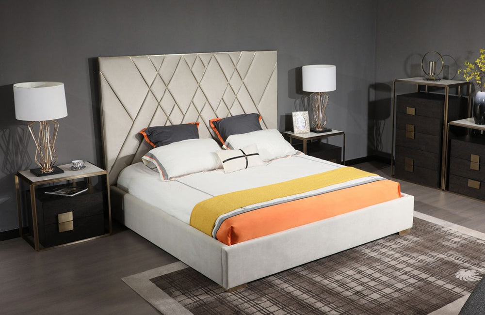 Modrest Eldora Glam Beige Velvet and Brushed Brass Bed