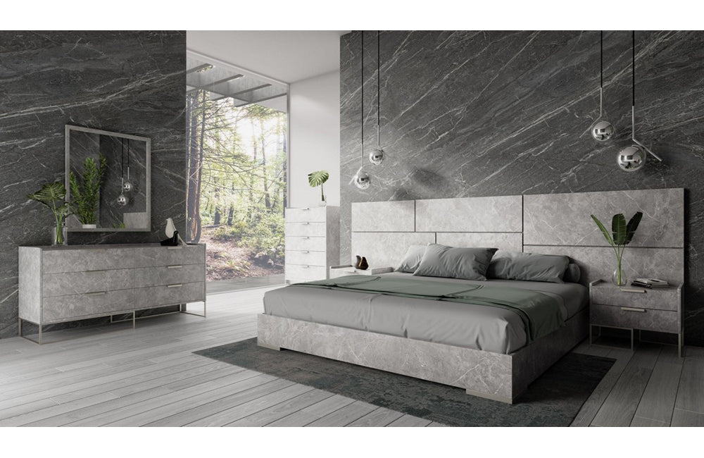 Nova Domus Marbella Italian Modern Grey Marble Bed w/ 2 Nightstands