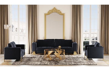 Divani Casa Lori Modern Velvet Glam Black & Gold Sofa Set