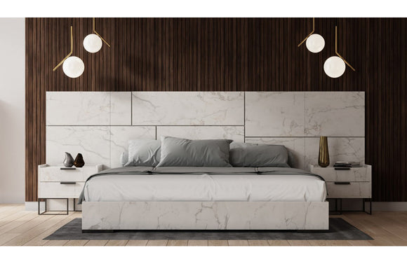 Nova Domus Marbella Italian Modern White Marble Bed w/ 2 Nightstands