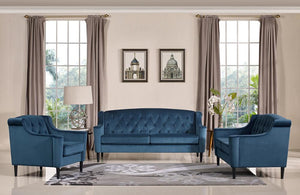 Jaiden Transitional Blue Velour Sofa Set