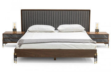 Nova Domus Metcalf Mid-Century Walnut & Grey Bed w/ Two Nightstands
