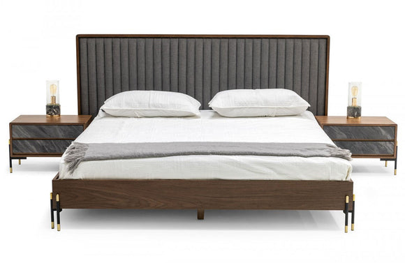 Nova Domus Metcalf Mid-Century Walnut & Grey Bed w/ Two Nightstands