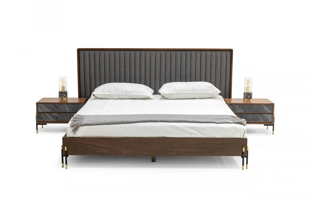 Nova Domus Metcalf Mid-Century Walnut & Grey Bed w/ Two Nightstands