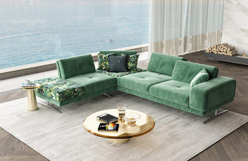 Coronelli Collezioni Mood Italian Green Velvet Left Facing Sectional Sofa