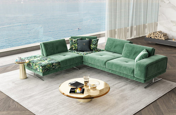Coronelli Collezioni Mood Italian Green Velvet Left Facing Sectional Sofa