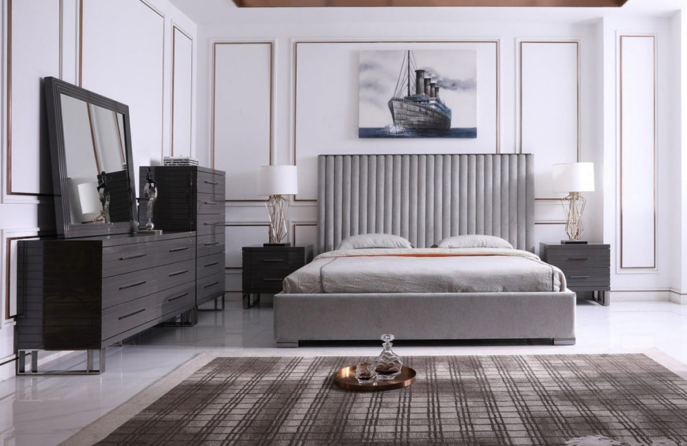 Modrest Splendor Silver + Grey Linen Upholstered King Platform Bed